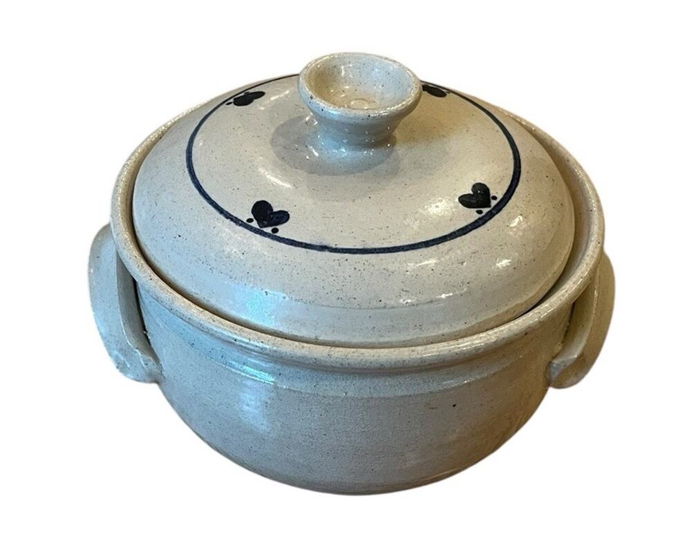 VTG Pottery Salt Glaze Crock Bowl Pot Casserole Lidded Blue Hearts Signed